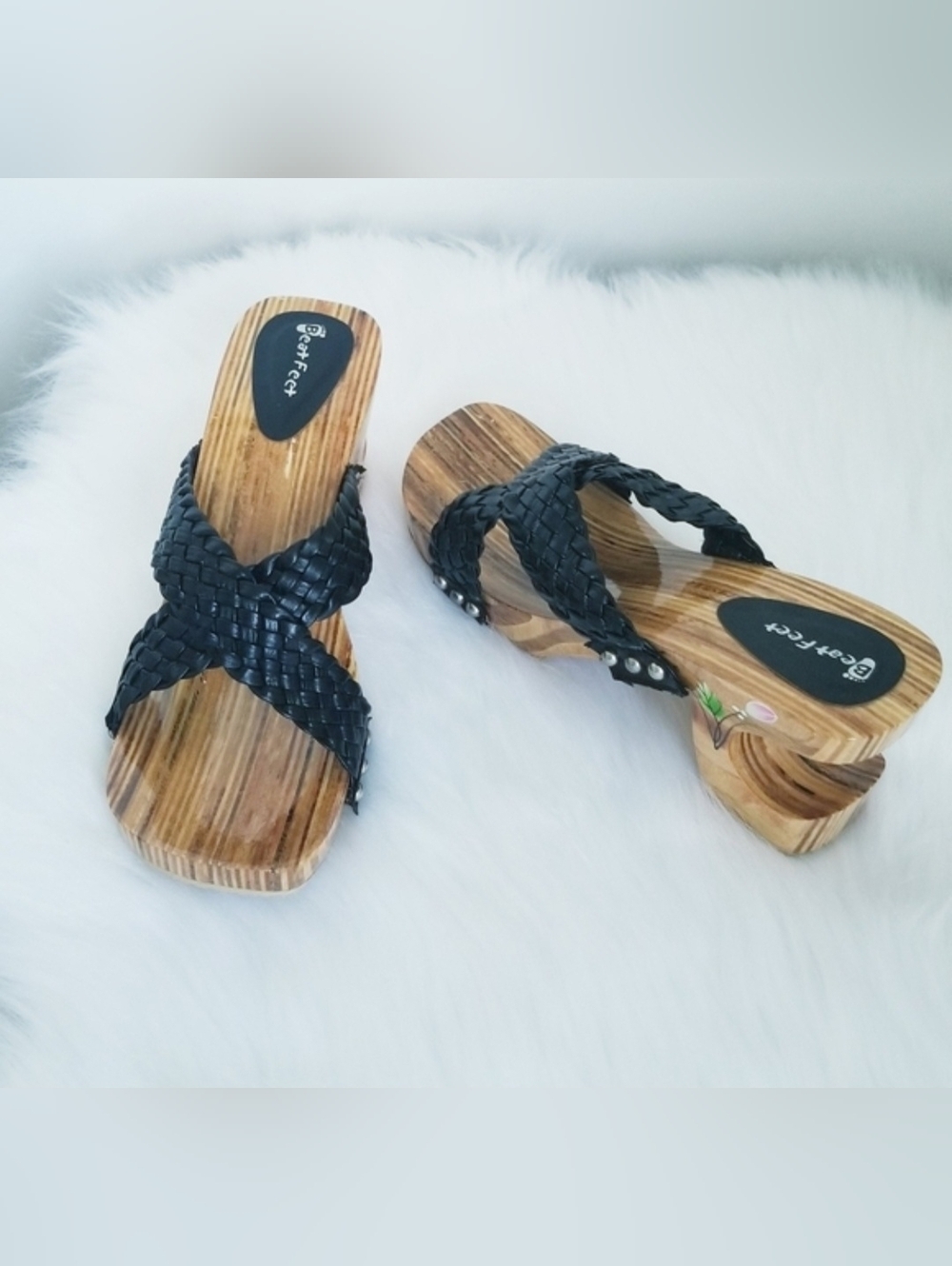 NEW BeatfFeet Braided Black Strappy Slide Sandals Wooden Heels Floral Painted